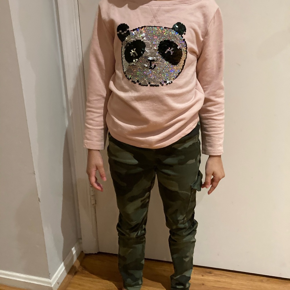 Sequin Pink Panda Kids Long Sleeve old Shoulder Top